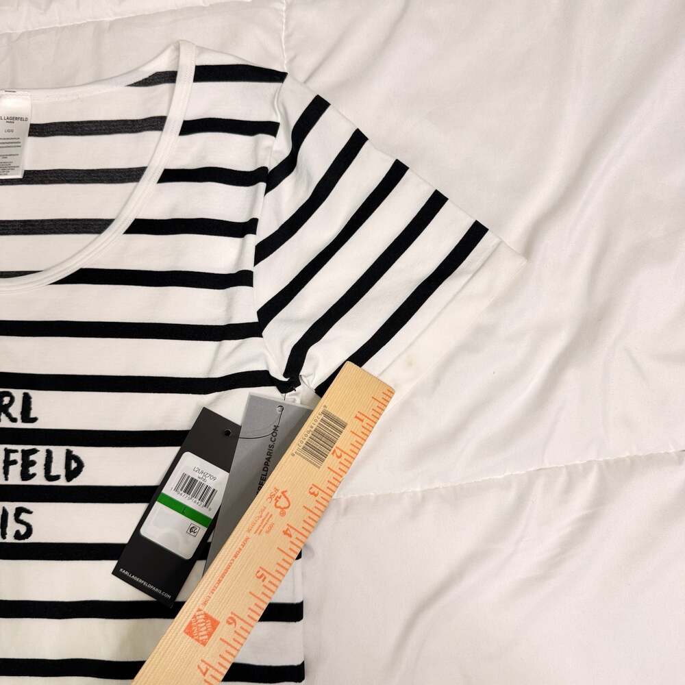 Karl Lagerfeld Paris Striped Logo Top NWT Size L Black White Knit Tee - Picture 5 of 7